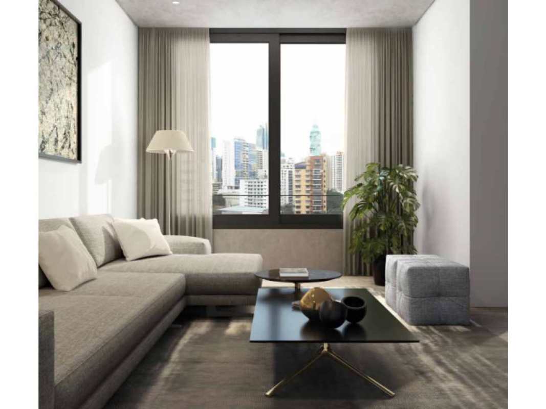 Modern living room with large balcony and ocean skyline view in The Panoramic tower Marbella Panama