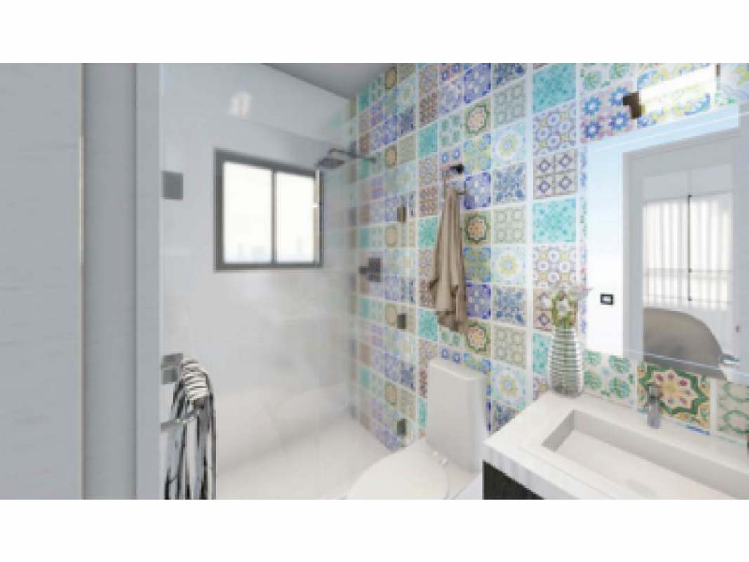 Modern bathroom with walk-in shower and decorative tiles in The Gray Calle 50 Panama