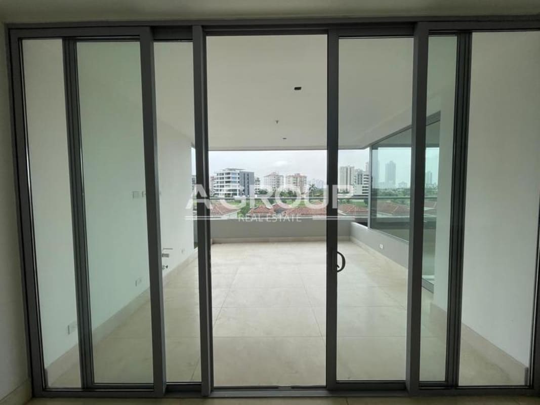 Covered balcony terrace with skyline views in PH Azalea Santa Maria luxury apartment Panama