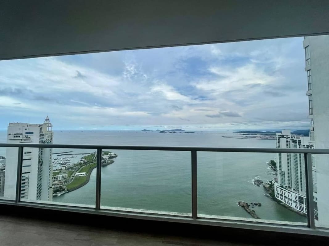 Panoramic coastal ocean views from private high-rise balcony Q Tower Punta Pacifica Panama