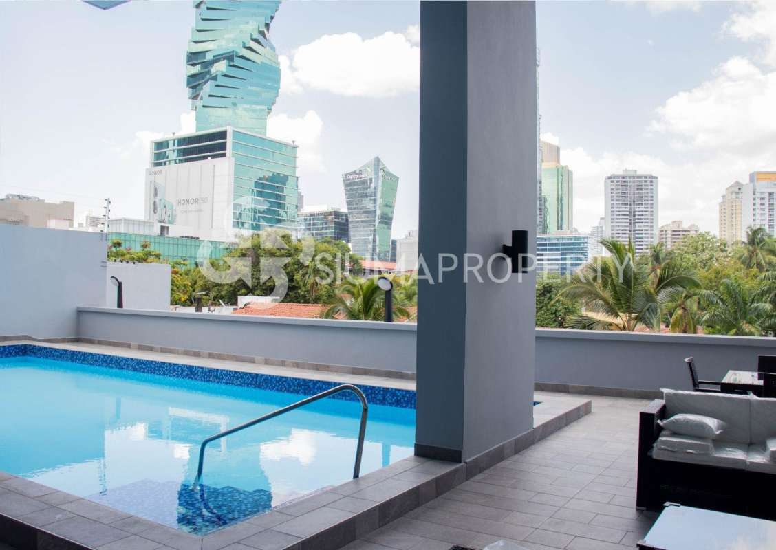 Infinity rooftop pool in PH Joy Tower overlooking Panama City skyline San Francisco