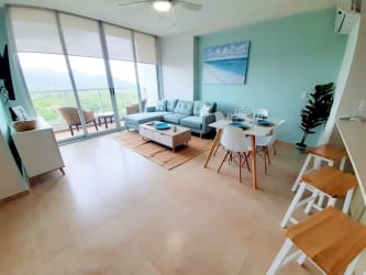 Modern kitchen with quartz countertops and stainless appliances Royal Palm Playa Malibu Panama