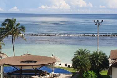 Pool and palm trees oceanfront resort Playa Escondida Marina Colón Panama