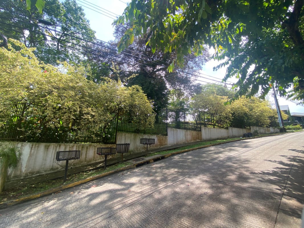 Expansive garden at development property with city skyline background in Pedregal Panama City