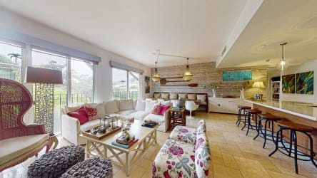 Spacious open-concept living room with garden view balcony in Puerta del Mar Buenaventura Panama