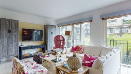 Contemporary bath with double sink large mirror walk-in shower Puerta del Mar Panama