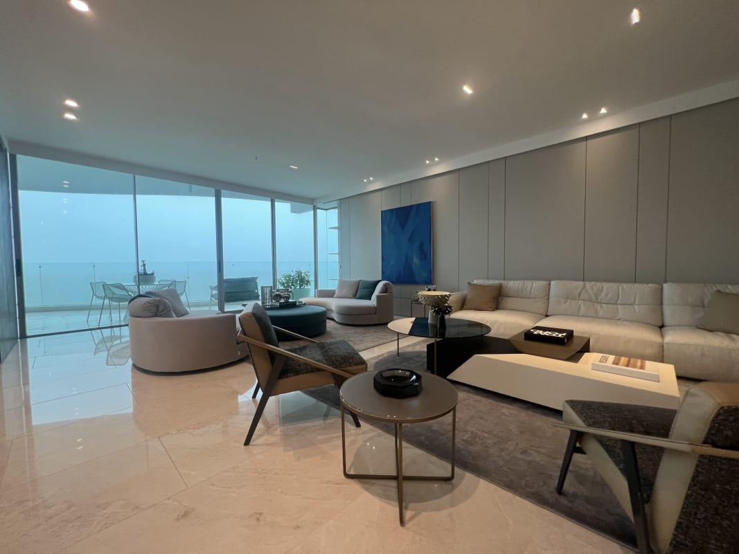 Elegant lobby with marble floors and designer furniture in Pacific Point Punta Pacífica