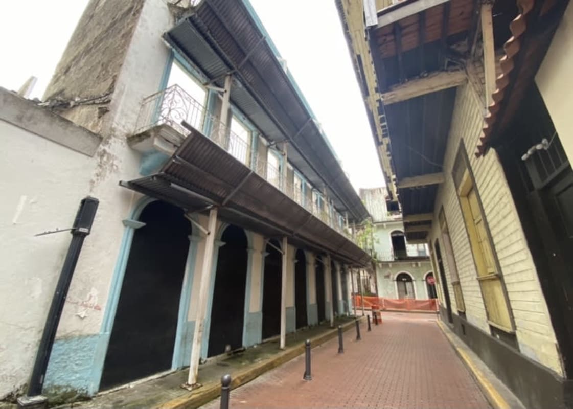 Colonial building with balconies and arched windows Casco Viejo Panama for redevelopment