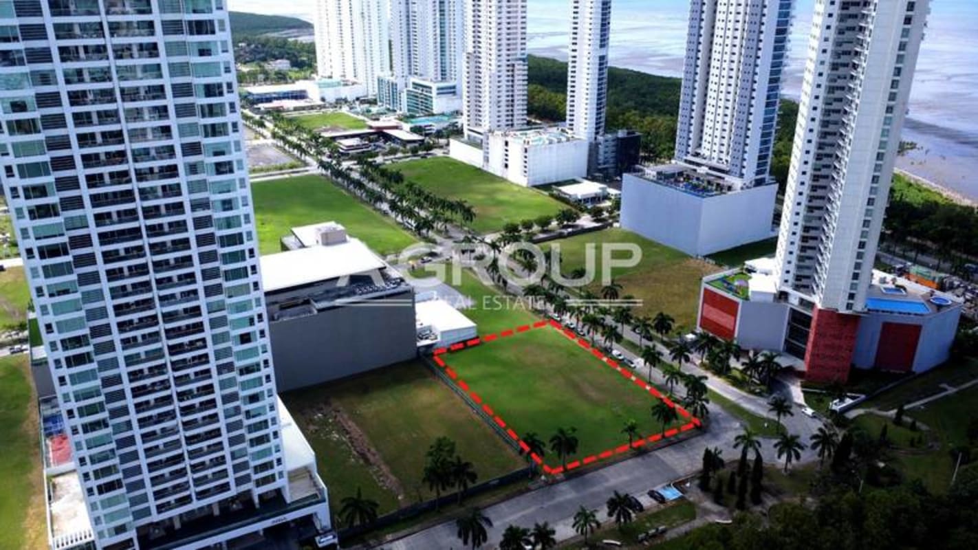 Aerial of coastal high-rise neighborhood with outlined development lot Costa del Este Panama