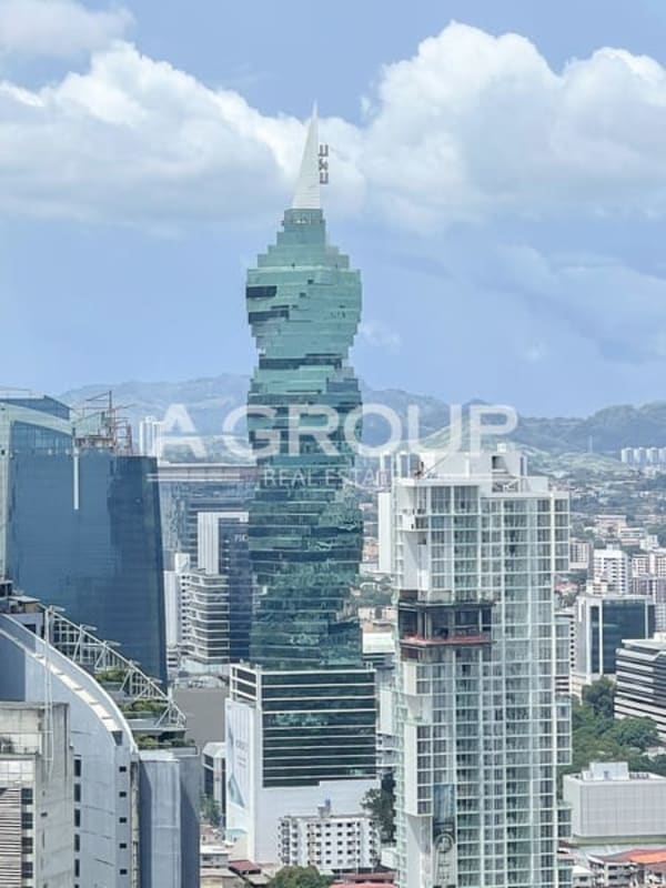 Conference room with panoramic window view of Panama skyline in Revolution Tower