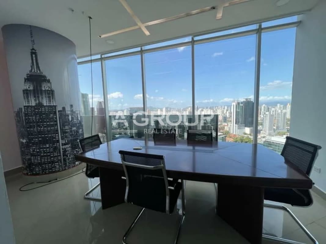 Small modern bathroom with glass sink and tiled walls in commercial unit F&F Tower Panama