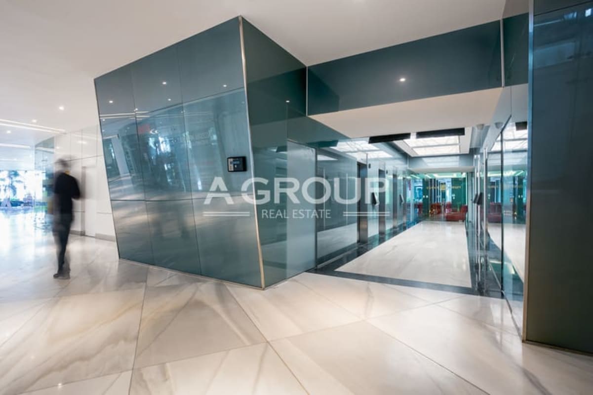 Luxurious modern lobby with elevators at Financial Park office tower in Panama