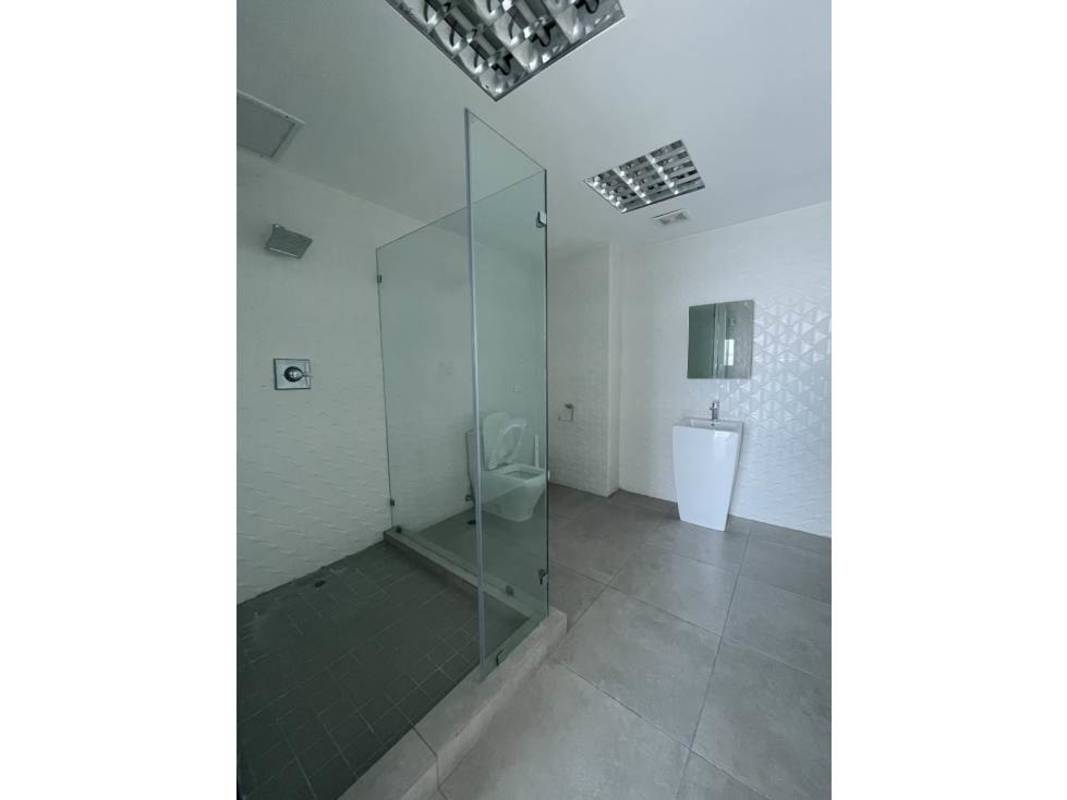 In-office bathroom with modern fixtures inside Oceania Business Plaza Panama