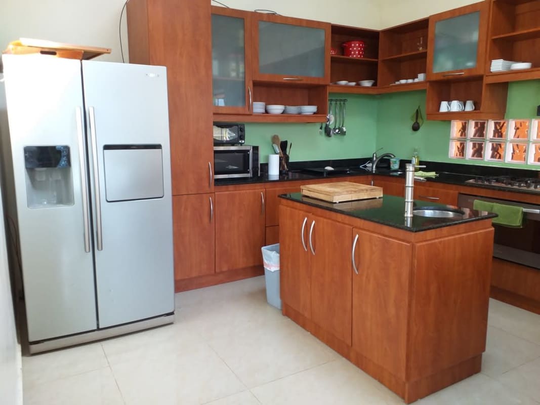 Spacious kitchen with island stainless steel fridge wood cabinetry and green backsplash Isla Saboga beachfront home Panama