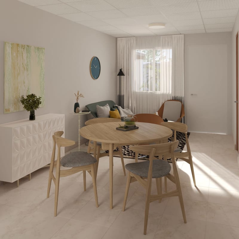 Bright living and dining area with modern minimalist decor in affordable Viñedo house Panama Este