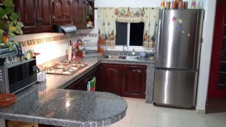 Traditional kitchen dark wood cabinets granite counters and appliances beach villa Las Uvas Panama