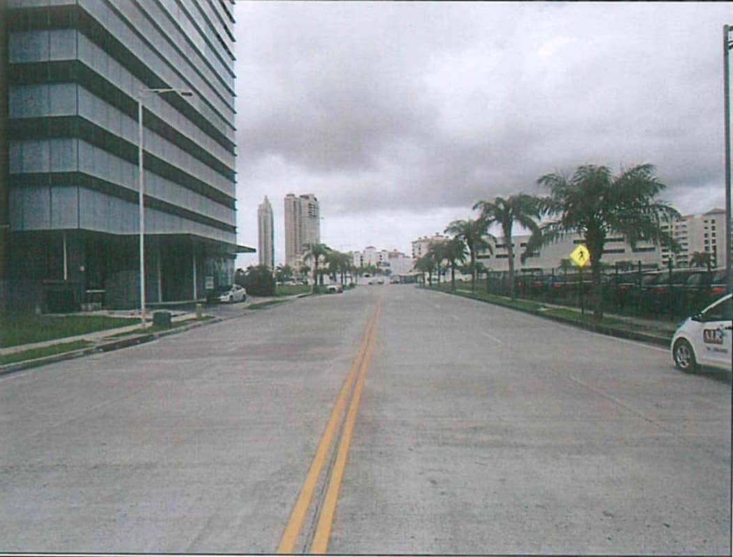 Urban boulevard with palm trees, glass high-rises and parked cars in Santa Maria Business Park Panama