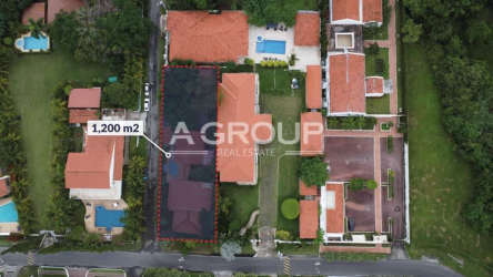 Aerial of Coronado beachfront community with houses, pools, and lush greenery along Pacific coast