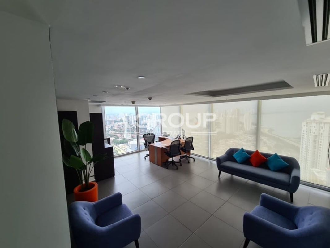Large corner office space with windows overlooking Punta Pacifica skyline Oceania Business Plaza