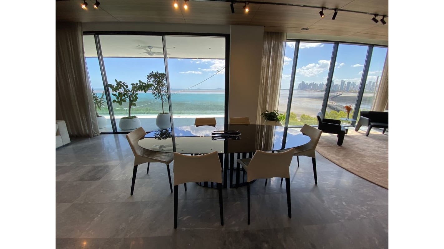 Open plan living dining Pacific Ocean view Costa del Este Panama