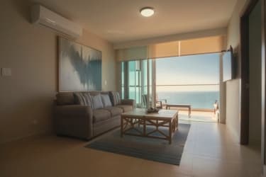 Open-concept kitchen and dining with island counter in PH Lighthouse Beach Tower Playa Blanca Panama