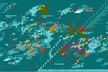 Masterplan map of Altos del María showing neighborhoods, roads, and natural features