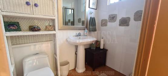 Bedroom with large windows, ceiling fan and traditional decor overlooking gardens