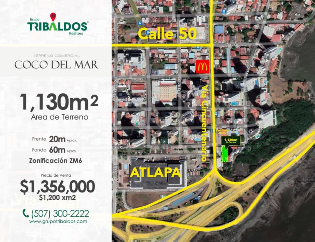 Map marking commercial land for sale on major roads in Coco del Mar Panama City