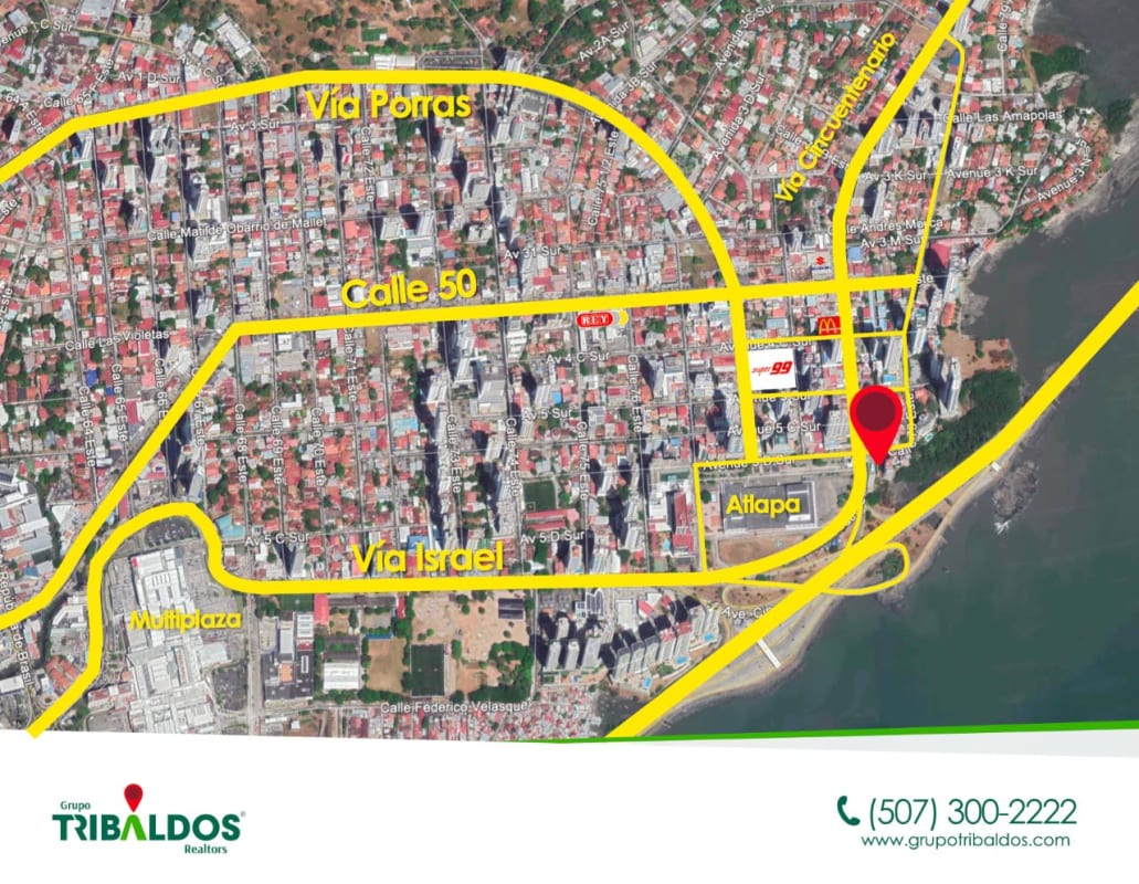 Aerial urban planning view showing land and main roads near Coco del Mar Panama