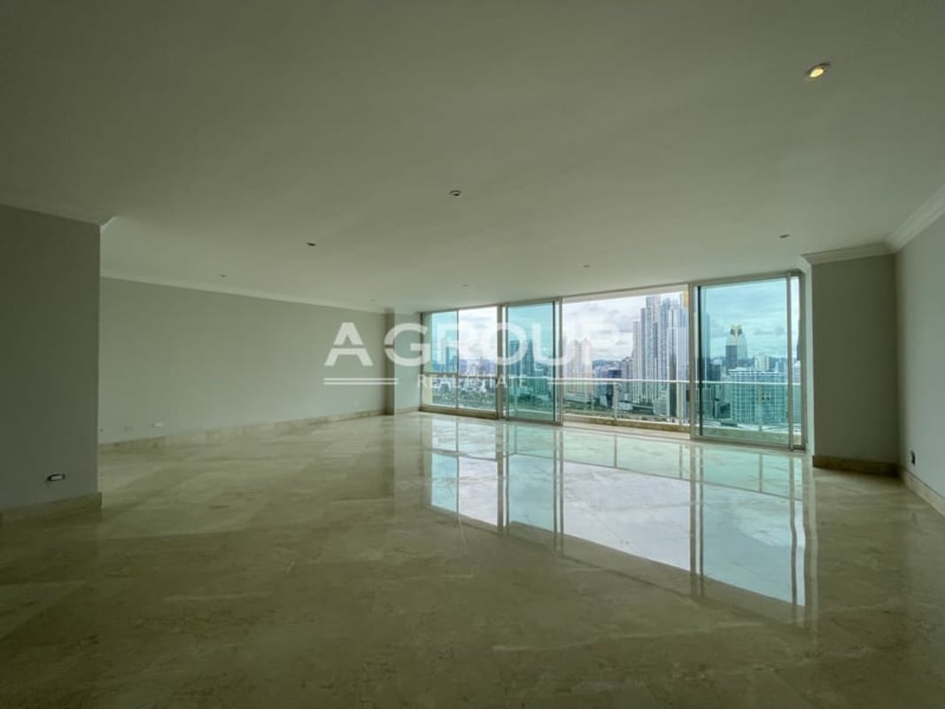 Spacious living room with marble floors large windows city skyline views PH Peninsula Punta Paitilla Panama