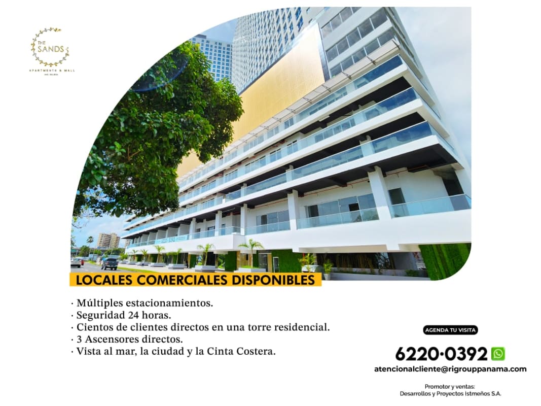 Modern multi-story building The Sands Apartments and retail mall on Avenida Balboa with balconies and gold facade