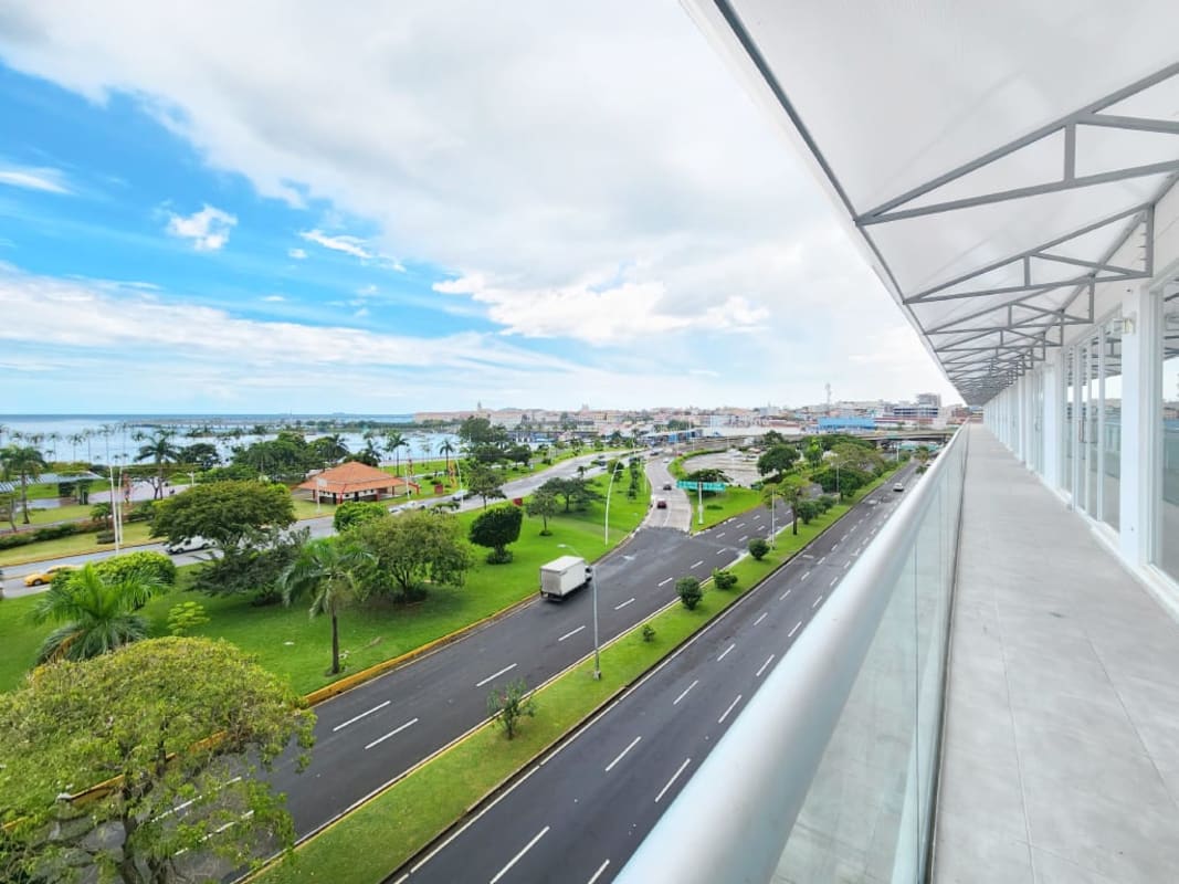 Panama skyline and waterfront park along Avenida Balboa, high-rise buildings and Pacific Ocean