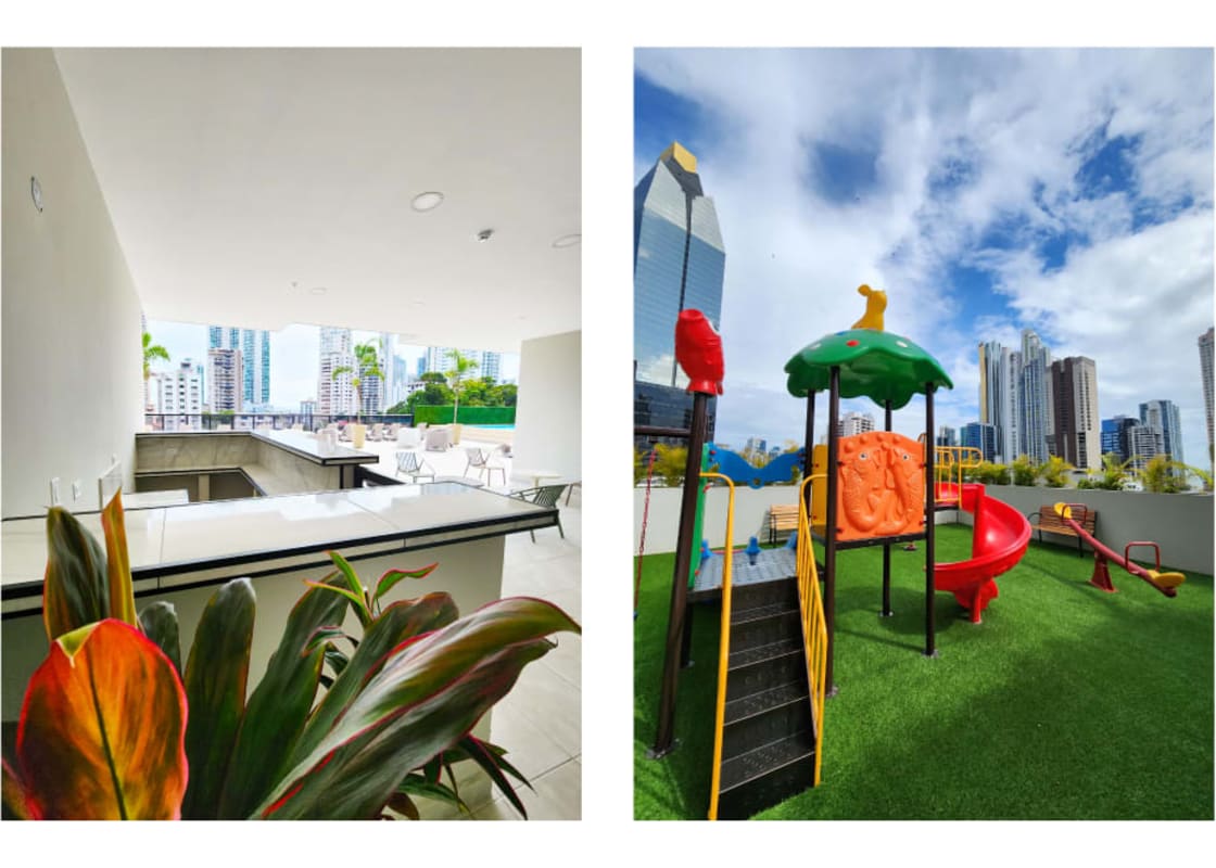 Rooftop kids play area with skyline view at The Gray Calle 50 Panama