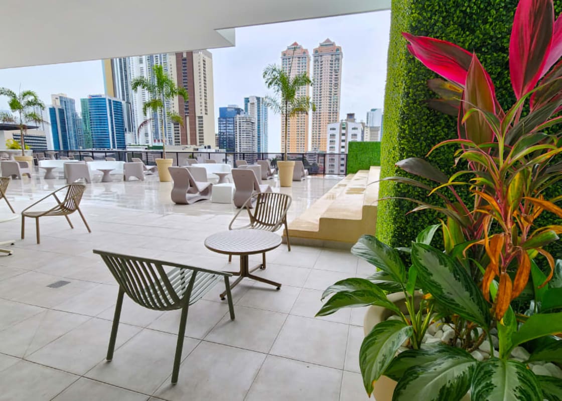 Terrace lounge with planters and city skyline at The Gray Calle 50 Obarrio Panama