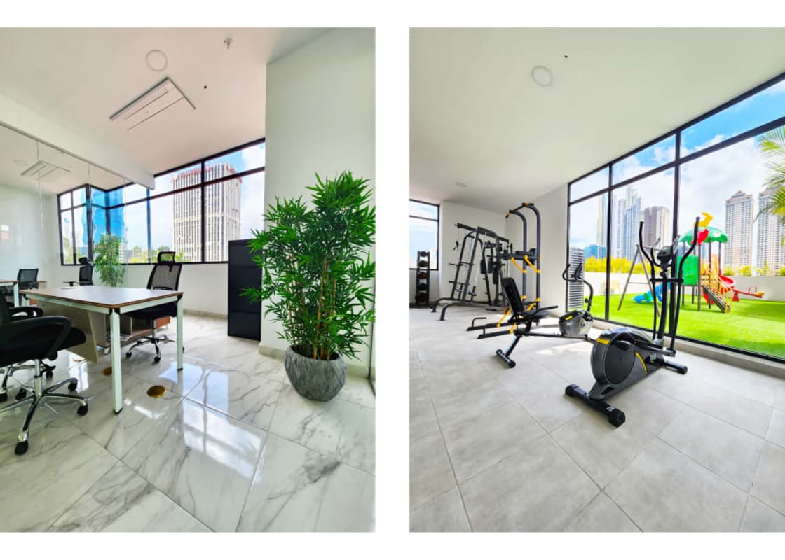 Rooftop entertainment area with bar and views at The Gray Obarrio Panama City