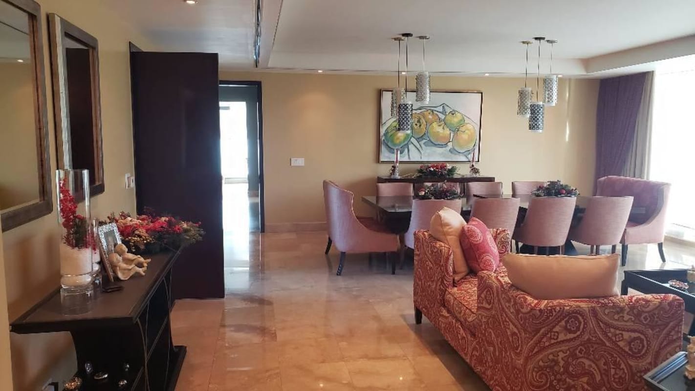 Large terrace balcony with sweeping ocean and skyline views at PH Acqua II Costa del Este