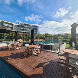 Infinity pool overlooking ocean at Punta Caelo beach resort in San Carlos Panama