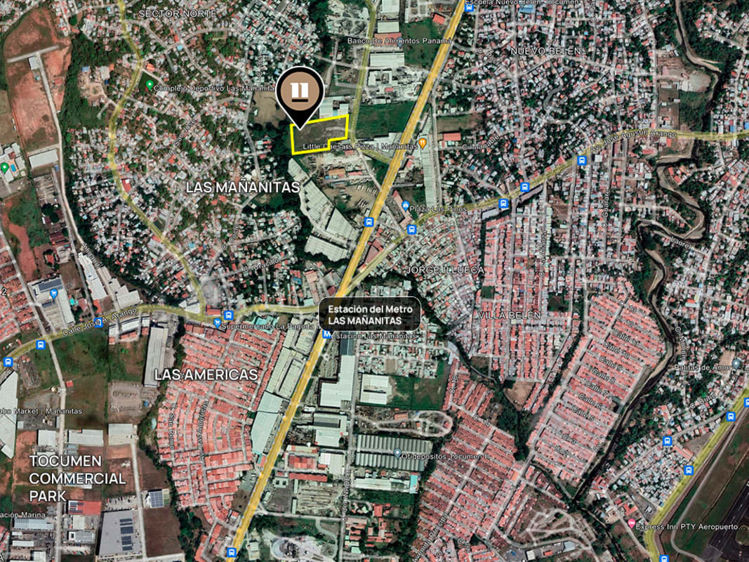 Aerial satellite view of Las Mañanitas area with land plot outline near metro station, highways, and Tocumen Airport