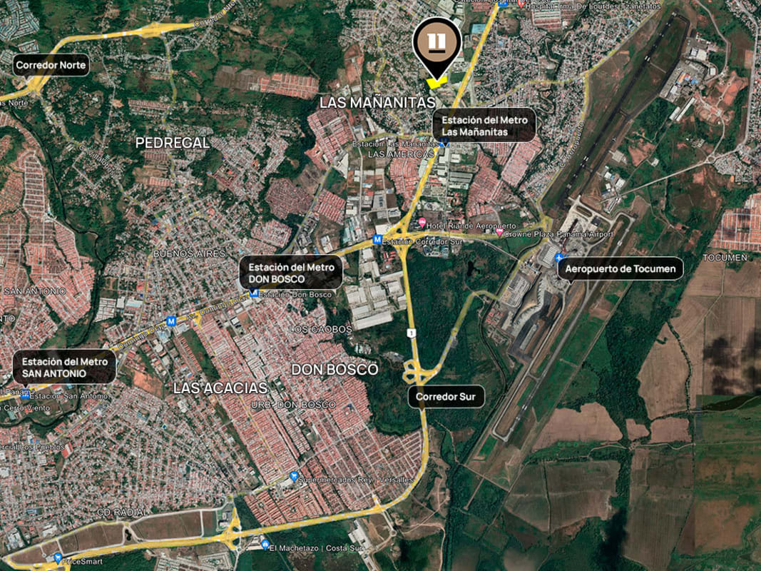 Broad aerial view of Las Mañanitas Panama City showing metro stations, airport, highways, commercial sites