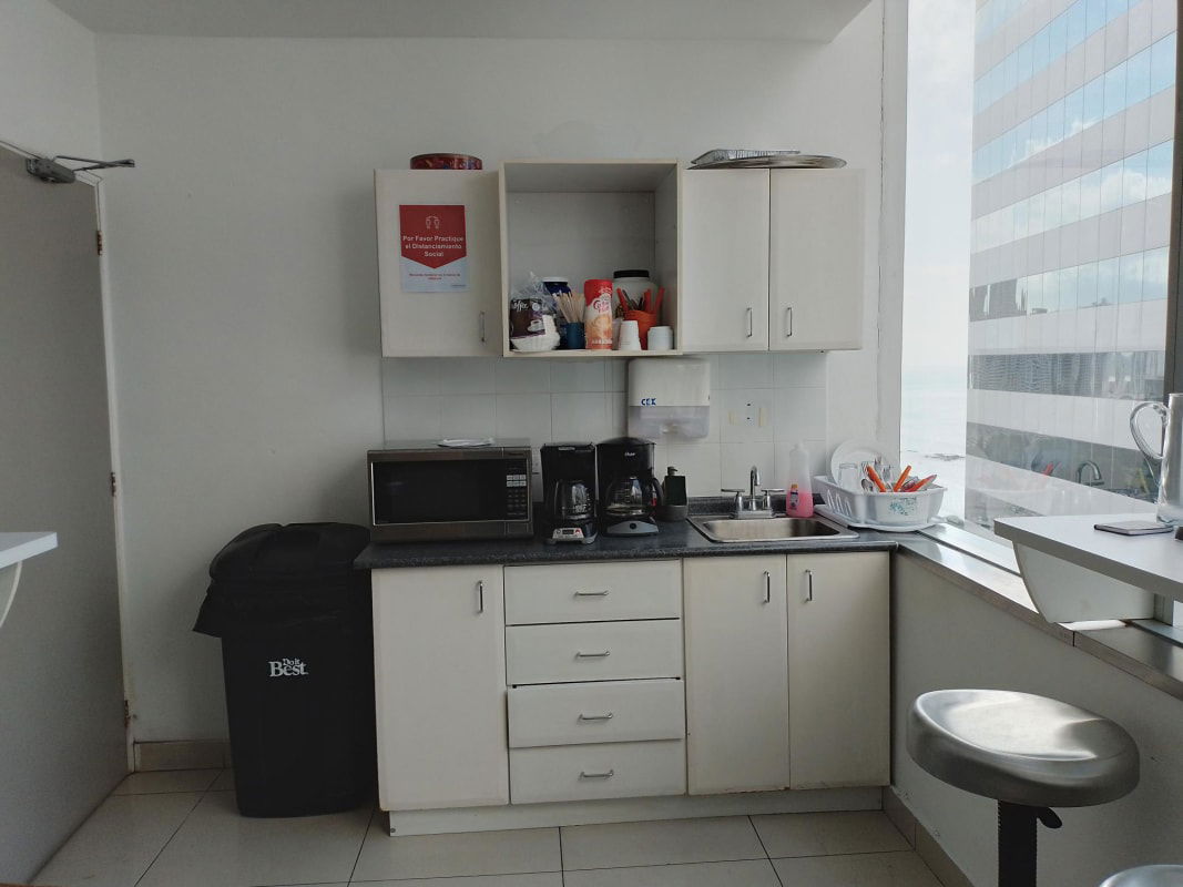 Bright office kitchenette with appliances large windows Pacific Point Punta Pacifica Panama