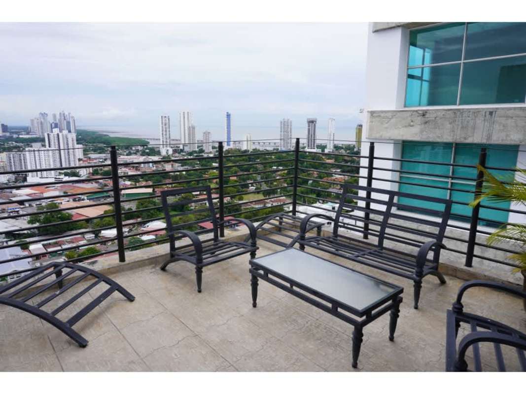 Apartment balcony with panoramic city skyline and golf course views in PH Golf Tower Altos del Golf Panama