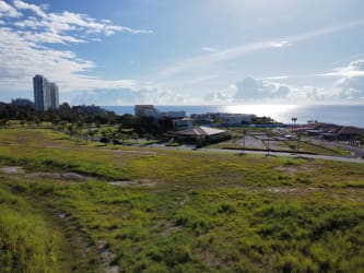 Panoramic view over Pacific beachfront land and resort buildings Casamar San Carlos Panama