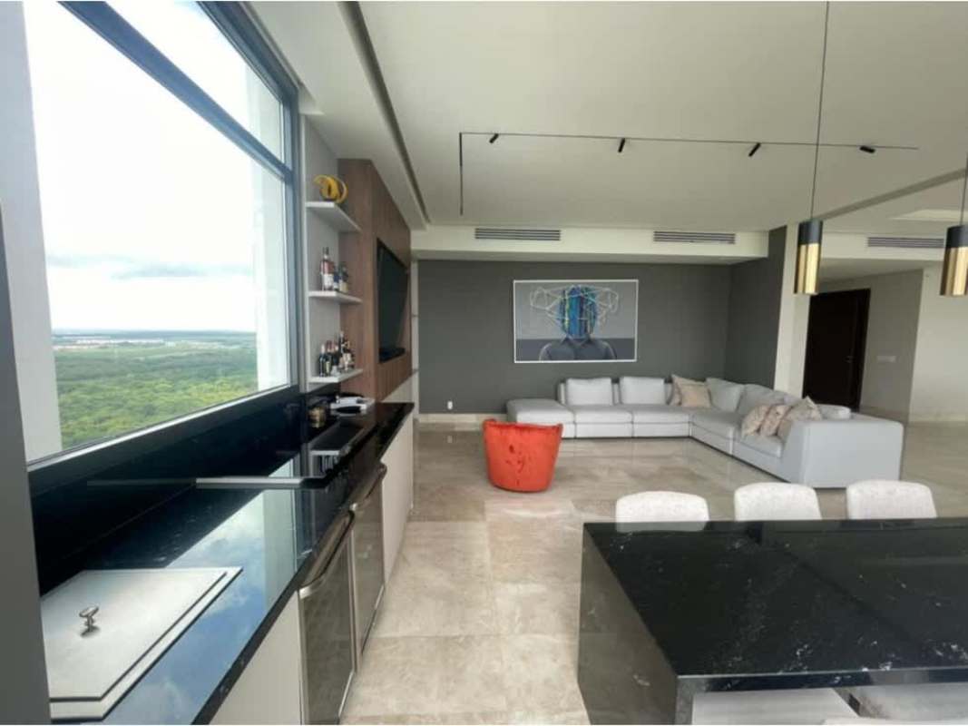 Spacious dining area integrated with living, floor-to-ceiling windows, marble floors in PH Albatross Panama