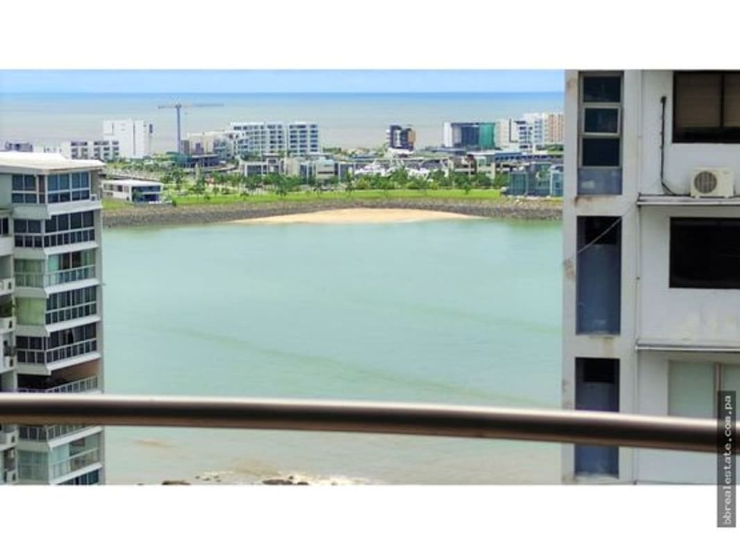 Ocean and city skyline view from balcony at PH Vista del Sol Punta Paitilla Panama