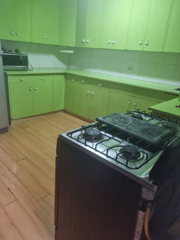 Kitchen with retro green cabinetry and gas stove in Panama apartment for sale