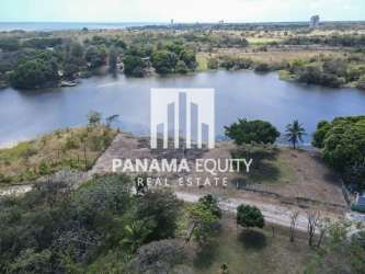 Aerial view of lakefront land, lush vegetation, ocean horizon Panama