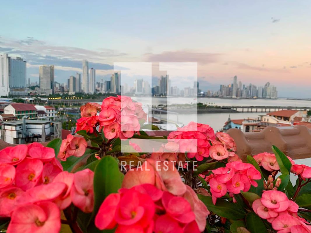 View of Panama City skyline at sunset from colonial balcony PH Casa Garay Casco Viejo