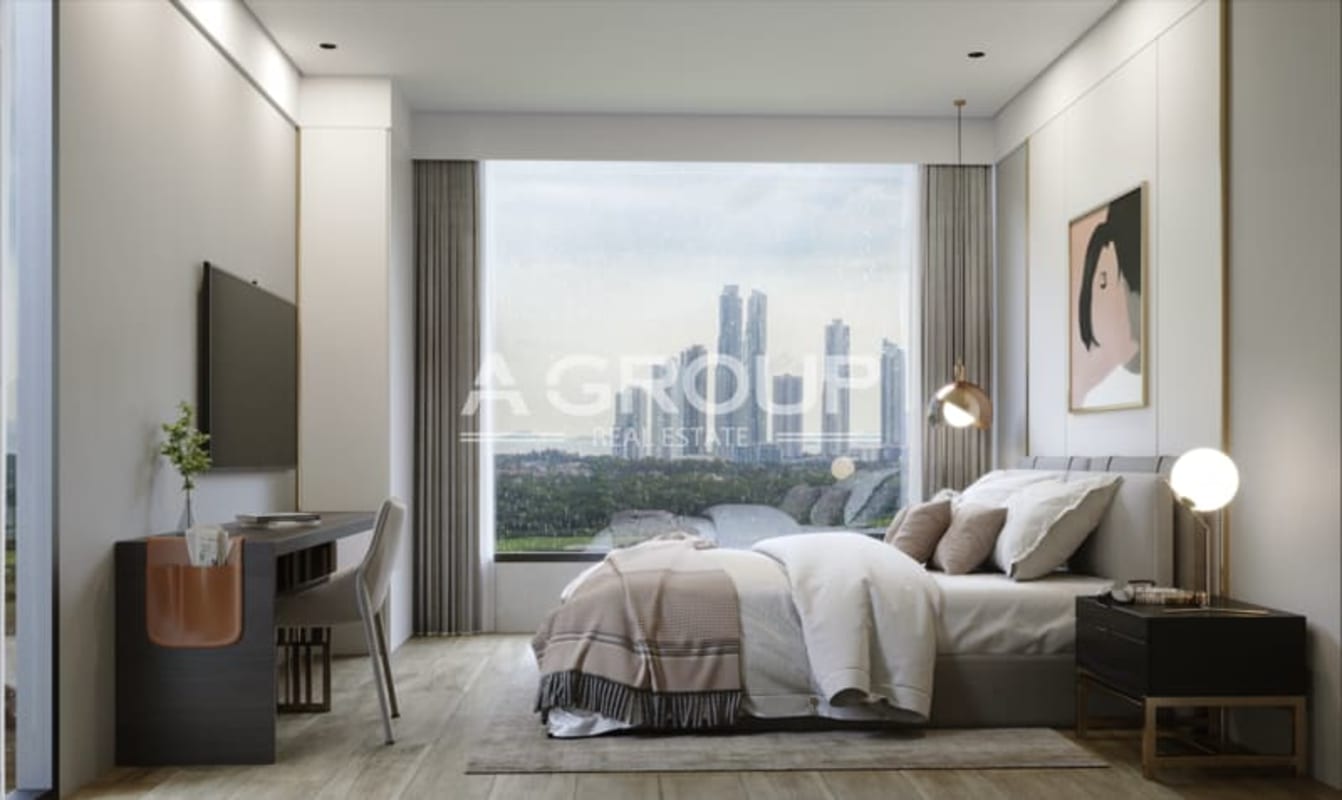 Modern bedroom with panoramic windows overlooking golf course in The Ivy Santa Maria Panama