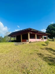 Living room with green walls, large windows, simple furniture in farm ranch house Santa Rita