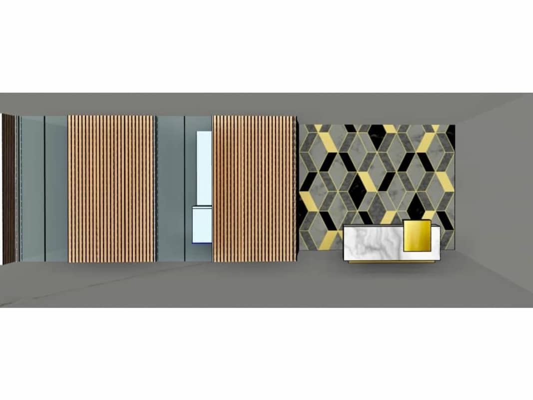 Top view of contemporary living room with geometric wall and wood panels Costa del Este